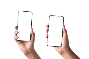 Hand holding the black smartphone with blank screen and modern  - isolated on white background - Clipping Path