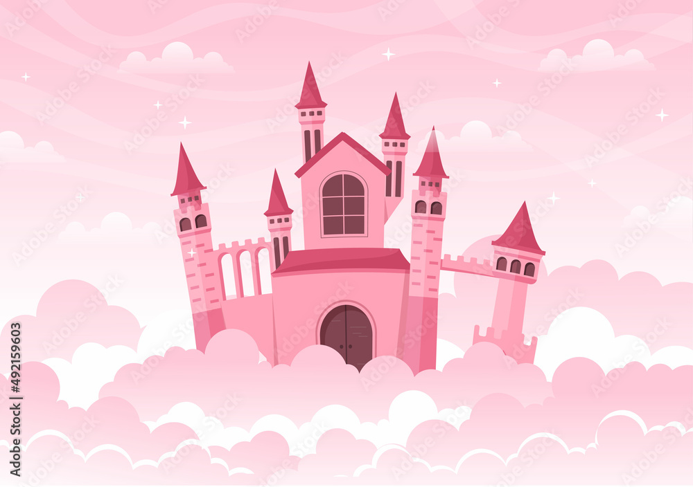 Wall mural Castle with Majestic Palace Architecture and Fairytale Like Scenery in Cartoon Flat Style Illustration