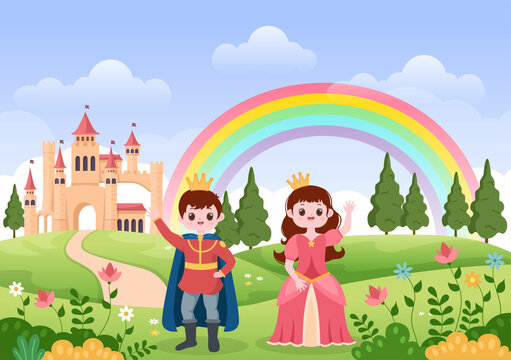 Prince and Queen in Front of the Castle with Majestic Palace Architecture and Fairytale Like Forest Scenery in Cartoon Flat Style Illustration