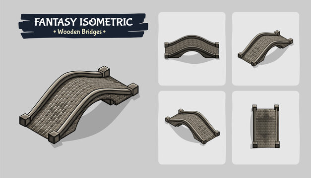 Wooden and stone Bridges Fantasy game assets - Isometric Vector Illustration
