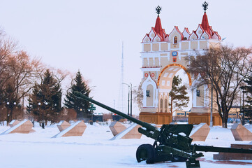 Winter landscape. Triumphal Arch in Blagoveshchensk, Russia. Built in 1891, destroyed by flood and...