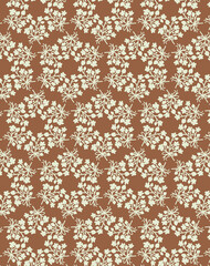 Folk flower monochrome pattern with small white bouquets on a brown background