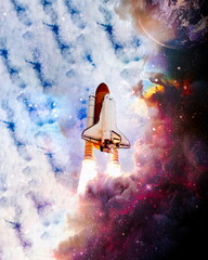 Spaceship flight.Space shuttle launch in the clouds to outer space. Dark space with stars on...