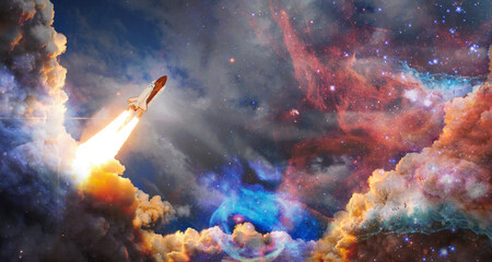 Spaceship flight. Starry sky and blue galactics. View on space shuttle and milky way. Elements of this image furnished by NASA - Powered by Adobe