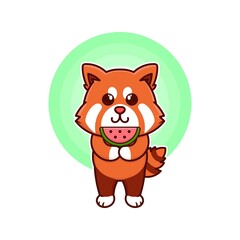 Obraz na płótnie Canvas happy red panda eat watermelon fruit adorable cartoon doodle vector illustration flat design style