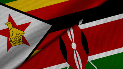 3D Rendering of two flags from Republic of Zimbabwe and Republic of Kenya together with fabric texture, bilateral relations, peace and conflict between countries, great for background