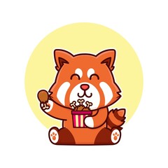 happy red panda eat chicken drumstick adorable cartoon doodle vector illustration flat design style