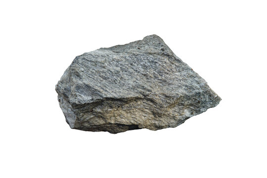 Isolated specimen of raw gneiss metamorphic rock stone on white background.