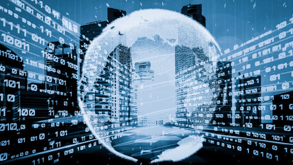 Futuristic global network and tacit digital data transfer 3D graphic . Concept of smart digital transformation and technology disruption that changes global trends in new information era .