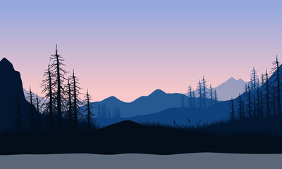 Realistic mountain view with a silhouette of pine trees and river from the cliff edge at sunset