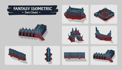 Dark Citadel Fantasy game assets - Isometric Vector Illustration - obrazy, fototapety, plakaty