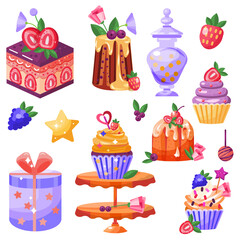 Set with  different sweets. Cakes, fruits, berries, gift box, cupcakes, bonbon, candy. Vector illustration on white background.
