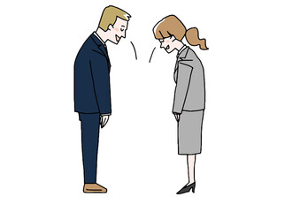 お辞儀をしあっている男女　コミカルな手書きの人物　ベクター、線画にシンプルな色つけ　