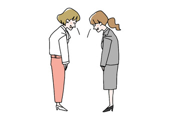 お辞儀をしあっている若い女性　コミカルな手書きの人物　ベクター、線画にシンプルな色つけ　