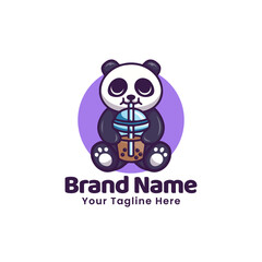 Cute Cartoon Outline Draw Panda Drink Boba with Straw Illustration Logo