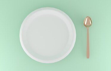 ミントグリーンの背景に置かれた白い皿と金色のスプーン。3Dレンダリング。