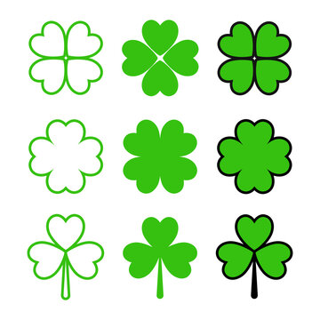 Green clover vector set. Four leaf and three leaf clover shape, saint patrick icon