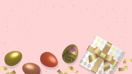 Realistic illustration of Easter setting, with 3d golden eggs, easter chocolates, realistic gifts wrapped in paper with colorful eggs pattern and golden ribbon, pink background, vector.