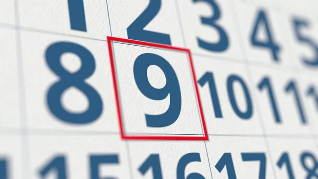 Calendar with marked 9 day of the month close-up