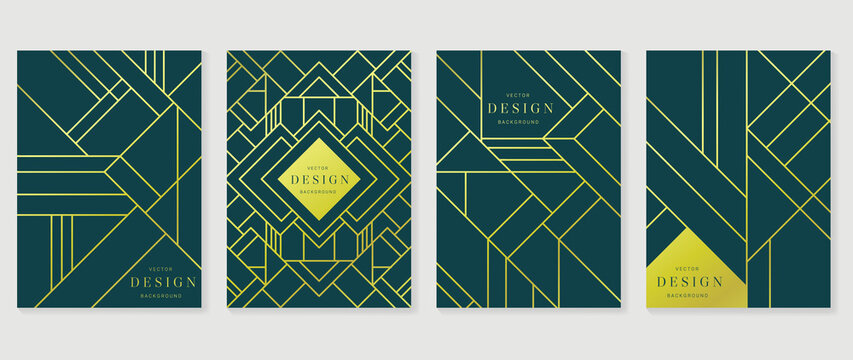 Luxury geometric pattern cover template. Set of art deco poster design with golden line, ornament, shapes. Elegant graphic design perfect for banner, background, wallpaper, invitation.