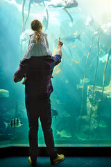 Discovering a whole new world of wonder. Shot of a father and his little daughter looking at an exhibit in an aquarium.