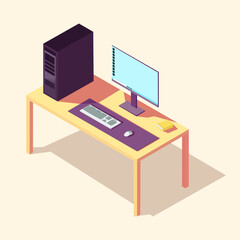 isometric 3d clean computer desk.a computer system, keyboard, mouse, mouse pad, and book. suburban isometric illustration. Isolated vector