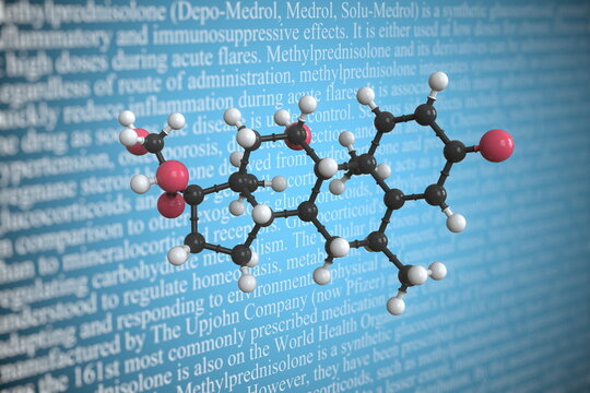 Methylprednisolone scientific molecular model, 3D rendering