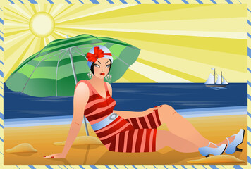 Obraz na płótnie Canvas Summertime flapper woman in beach, art deco card, vector illustration