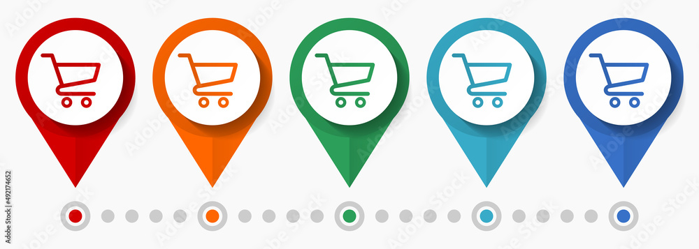 Poster shopping cart concept vector icon set, flat design store pointers, infographic template easy to edit