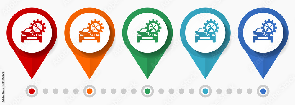 Poster workshop concept vector icon set, flat design car service pointers, infographic template easy to edi