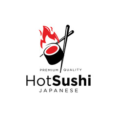 Japanese cuisine restaurant logo chopsticks with sushi food fire