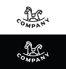 Wooden Horse logo Illustration black silhouette. Rocking horse logo Toy Store Children Kids Branch Twig Leaves Design