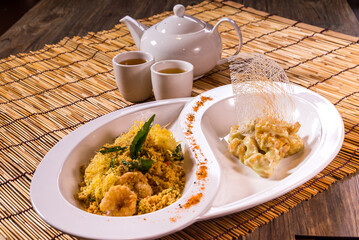 stir fried prawn with black pepper wasabi sauce and oat butter sauce chinese  halal menu on bamboo...