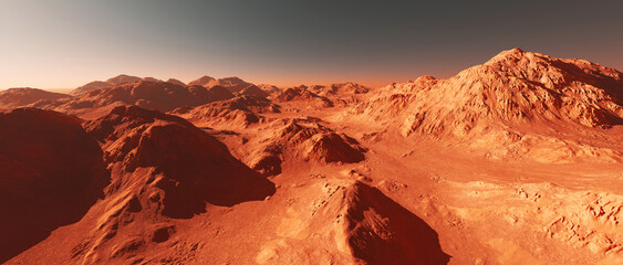 Fototapeta na wymiar Mars planet landscape, 3d render of imaginary mars planet terrain, orange eroded desert mountains, realistic science fiction illustration.
