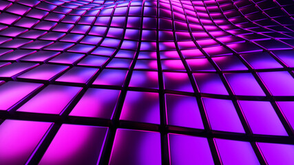 Purple background 3D, squares pattern waves, abstract technology field of cubes, fantastic sea of neon glowing texture, 3D render illustration background.