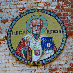Mosaic in the form of St. Nicholas Laid out on a brick wall