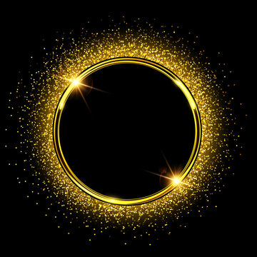 Gold sparkling ring with glitter on black background. Vector luxury and shiny golden button.