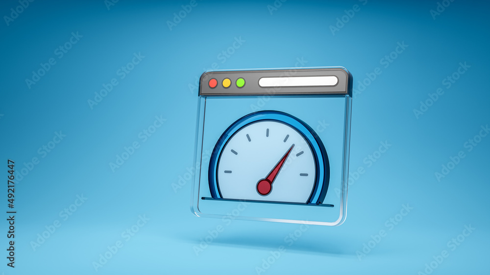 Poster browser speed, webpage speed, internet speed test symbol. 3d icon on blue background. 3d rendering
