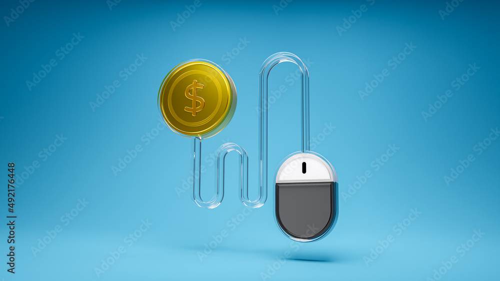 Poster pay per click, ppc or cost per click. mouse pad connected with bitcoin symbol. 3d icon isolated on b