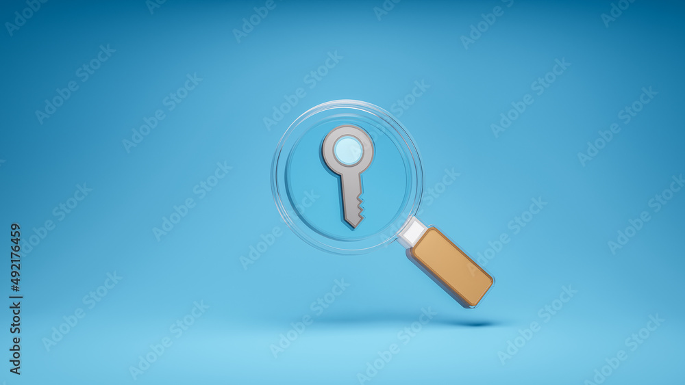 Poster magnifier logo keyword search find seo looking for 3d icon in blue background. 3d rendering