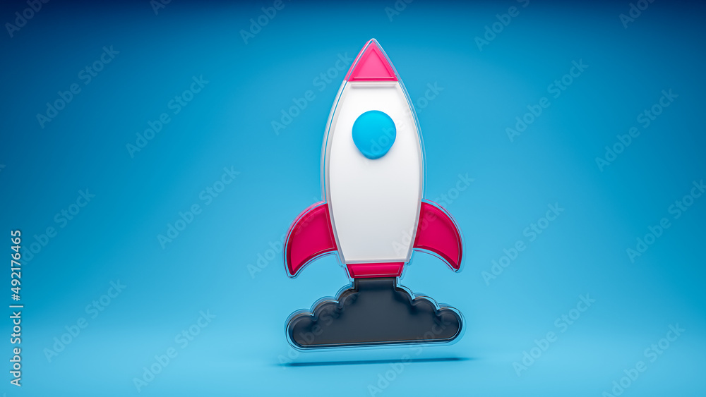 Poster launching startup rocket 3d icon in blue background. 3d rendering