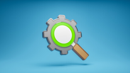 Search optimization, magnifying glass sign. 3d icon in blue background. 3d rendering