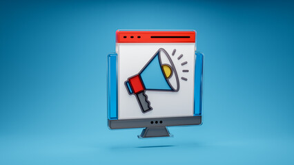 Digital marketing e-commerce promotion sales advertising 3d icon in blue background. 3d rendering