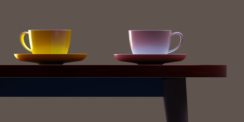 A table in a cafe. White and yellow cups and saucers are on the table. Tea drinking.