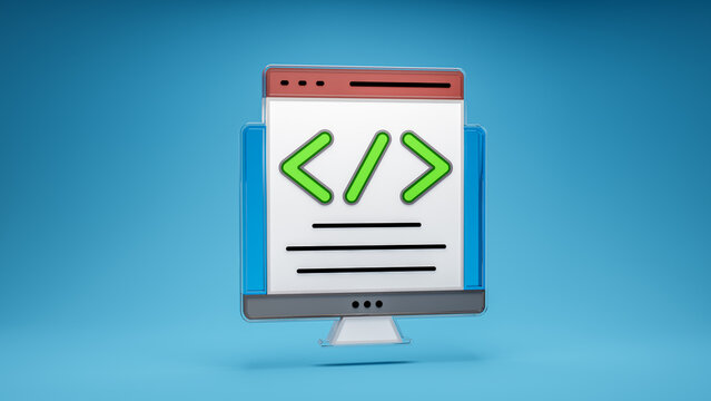 Custom coding programming web development application isolated sign symbol 3d icon in blue background. 3d rendering