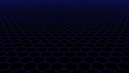 Neon grid background. Futuristic digital syntwave blue hexagon lines on a black empty surface glowing in the void. New retro wave and retro 80s concept.