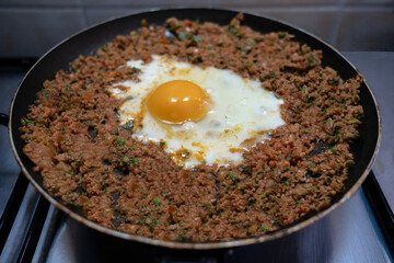 Stir-fried mince and eggs. Selective Focus egg. Front view.