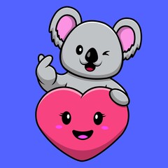 Cute Koala With Love Heart Cartoon Vector Icon Illustration. Animal Holiday Icon Concept Isolated Premium Vector. Flat Cartoon Style