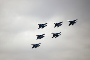 The Russian Knights aerobatics group in the sky at the MAKS-2021 International Aviation and Space Salon in Zhukovsky