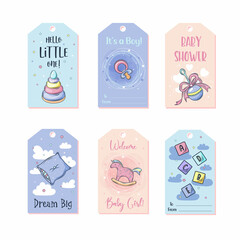 Baby Shower gift tags. Baby Arrival set. Vector illustration.